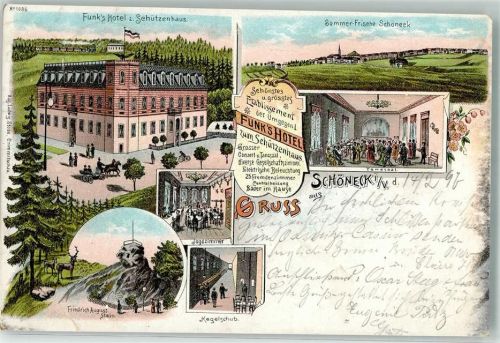 Schöneck 1897 Friedrich August-Stein Hotel zum Schützenhaus Kegelbahn Jagdzimmer Tanzsaal Lithographie