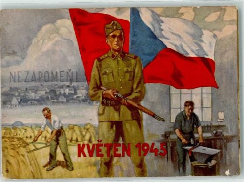 Russischer Soldat unter Tschechischer und Sowjetfahne schützt Bauer und Schmied Mai 1945