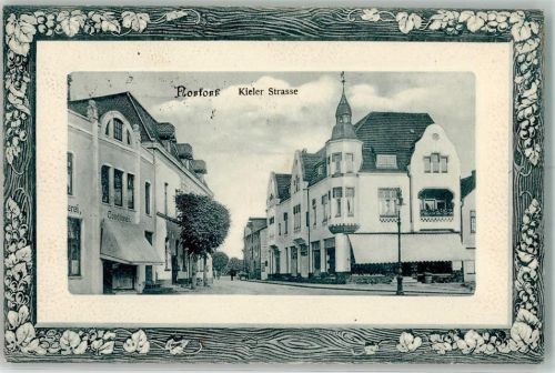 24589 W2353 Nortorf b Neumünster 1915 Prägedruck Kieler Straße Conditorei Bahnpost Hamburg-Vamdrup Zg. 576 Passepartout