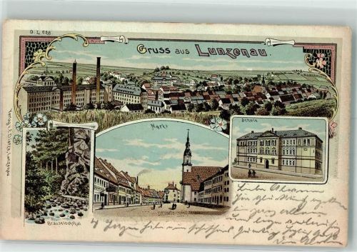09328 O9293 Lunzenau 1898 Lithographie Brauselochtal Markt Schule