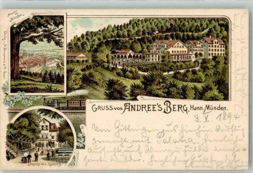 34346 W3510 Hann. Münden Lithographie Vorläufer Andree's Berg Gartenansicht Personenzug