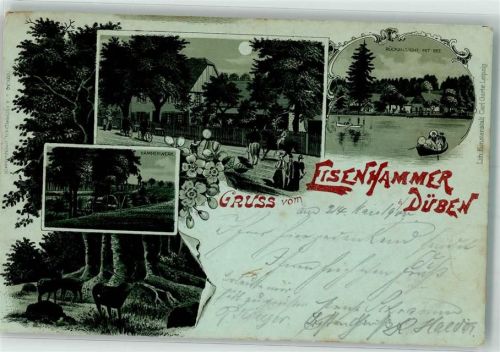 04849 O7282 Bad Düben 1900 Lithographie / Mondschein Hammerwerk Gasthaus Eisenhammer Hirsch Jagdtiere