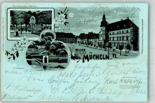 Mücheln Forellenzucht Ratskeller Geiselquelle Bahnpost Merseburg-Mücheln Zg. 325 Lithographie-Mondschein