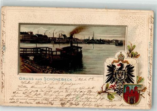 Schönebeck 1902 Passepartout Elbufer Bootsanlegestelle Wappen