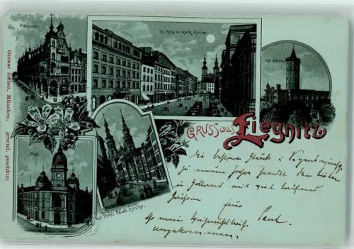 Liegnitz 1898 Passage kl. Ring Kath. Kirche Kgl. Schloss Post Mondschein
