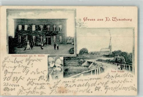 Klein Wesenberg 1904 Neue Brücke Gasthaus Möller Bahnpost Hamburg-Warnemünde Z. 34