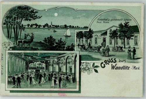 16348 O1292 Wandlitz 1907 Lithographie Wandlitzer-See Hirsche Gasthaus zum goldenen Löwen Ballsaal