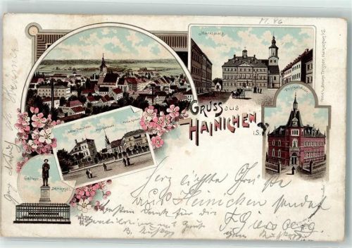 Hainichen 1896 Marktplatz Postgebäude Gellert-Denkmal Hotel Haubold Post-Gebäude villa Kirbach