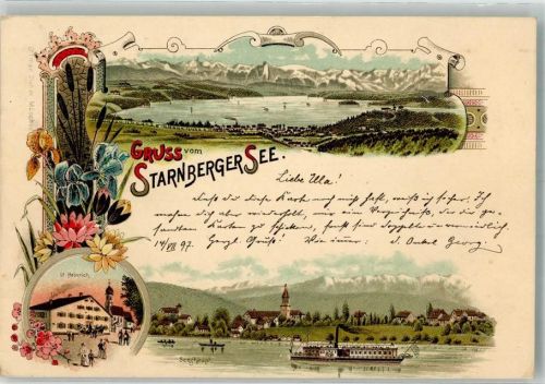 82402 W8124 Seeshaupt 1897 Lithographie Starnberger See St. Heinrich Seehaupt Salondampfer Verlag Ottmar Zieher-München