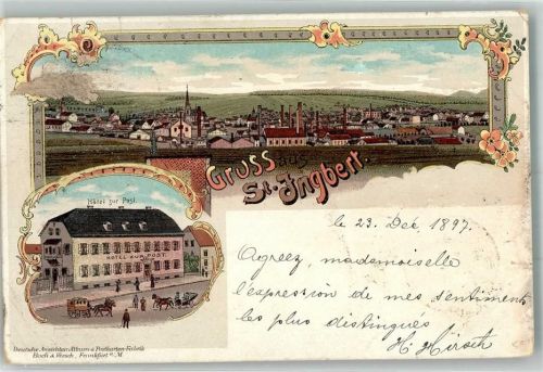 St. Ingbert 1897 Lithographie Hotel zur Post Abschürfung Bildseite