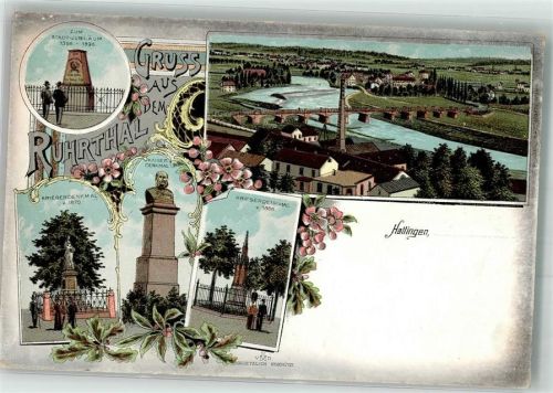 45525 W4320 Hattingen , Ruhr Lithographie Kriegerdenkmal v.1870 Kaiser Denkmal Kriegerdenkmal v. 1866