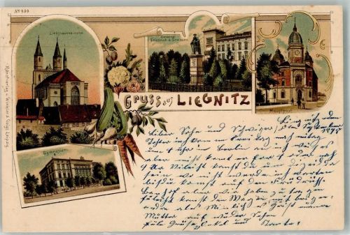 Liegnitz Legnica 1898 Lithographie Kirche Liebfrauen Denkmal Friedrich d. Großen Postamt Gymnasium
