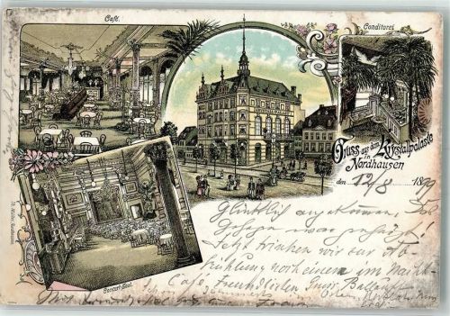 Nordhausen 1899 Krystallpalast Concert-Saal Cafe Conditorei Lithographie