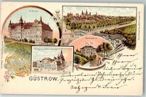 Güstrow Lithographie Schloß Domschule Rathaus Pfarrkirche