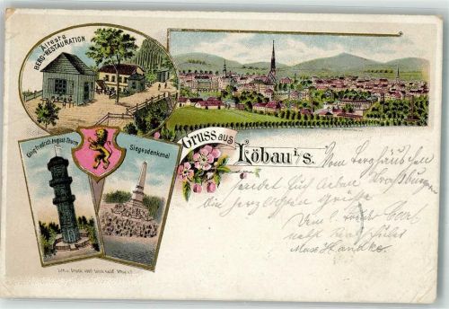 Löbau 1898 Lithographie Stadtwappen Siegesdenkmal Ältestes Gasthaus König Friedrich-August-Turm