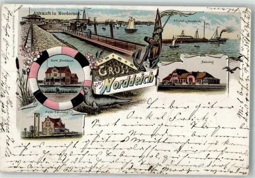 Norddeich 1898 Lithographie Seesteg Hotel Norddeich Hotel Fährhaus Bahnhof Stauchung