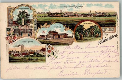 Klein Wanzleben 1899 Lithographie Kriegerdenkmal Zuckerfabrik Bahnhof