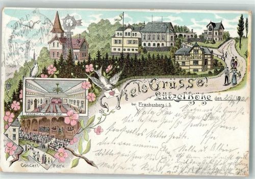 09669 O9262 Frankenberg , Sachs 1901 Lithographie Etablissement Lützelhöhe Theater-Saal Concert-Park