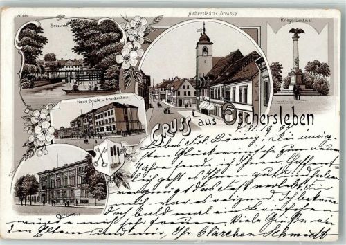 Oschersleben 1897 Verläufer Druck um 1890 Halberstädter Straße Kriegerdenkmal Landratsamt Bodewehr Stadtwappen