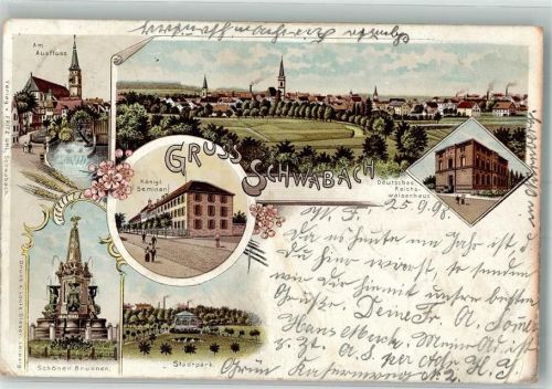 Schwabach 1898 Lithographie Schöner Brunnen Köngl. Seminar Beutsches Reichs-Waisenhaus