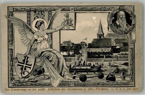 Flörsheim 50 jährige Jubelfeier des Turnvereins 1911 Engel Turnvater Jahn Wappen Lithographie