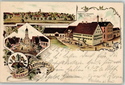 Dettingen 1905 Lithographie Gasthaus Brauerei Zum Hirsch