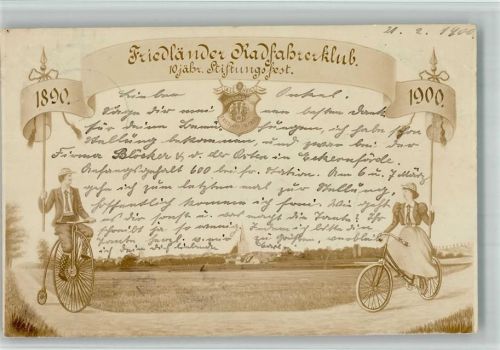 Friedland 1900 Friedländer Radfahrerklub 10 jähriges Stiftungsfest Hochrad Lithographie
