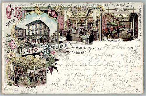 26121 W2900 Oldenburg 1897 BOAKC Lithographie Gasthaus Cafe Bauer H. Neufert Billard