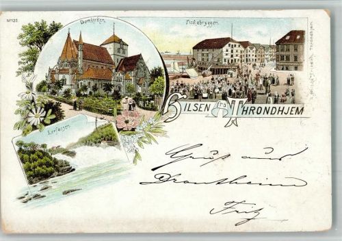Trondheim 1897 Lithographie Lerfossen Fiskebryggen