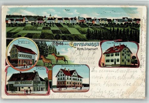 Göttelfingen 1907 Lithographie Handlung Fr. Minhardt Villa Pfeifle Gasthaus Zur Traube Wernersche Anstalt Rehe