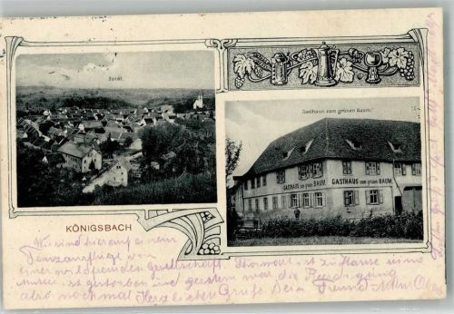Königsbach-Stein 1909 Gasthaus zum grünen Baum Bahnpost Karlsruhe- Zug 1229
