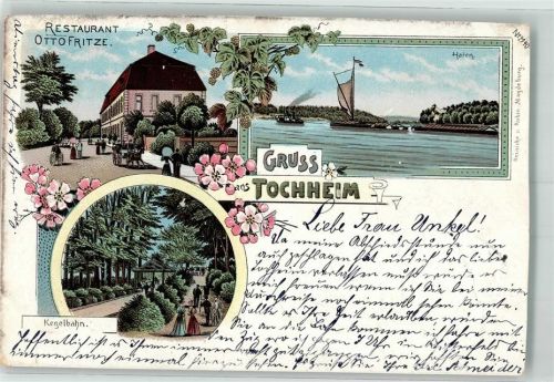 Tochheim 1902 Hafen Schlepperverbund Gasthaus Fritze Garten-Kegelbahn Lithographie beschnitten