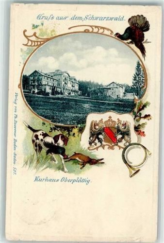 Plättig 1909 Prägedruck Kurhaus Oberplättig Jagdhund Fasan Hase Jagdhorn Wappen