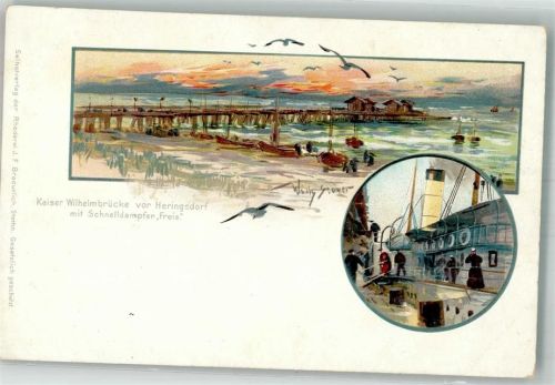23777 W2444 Heringsdorf , Holst Lithographie Künstlerkarte Kaiser Wilhelsbrücke Schnelldampfer Freia sign. W. Stöwer
