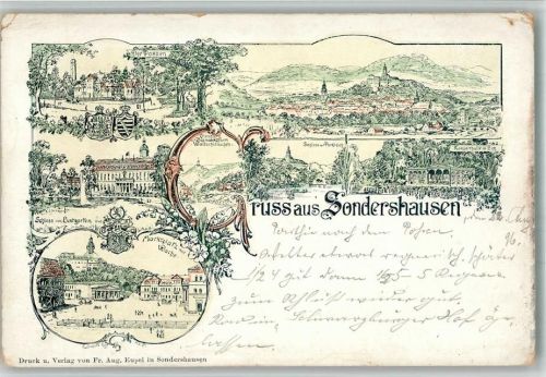 Sondershausen Vorläufer Druck um 1890 Schloß Lustgarten Der Possen Marktplatz mit Wache