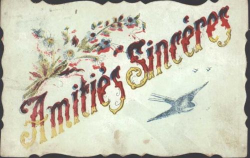 Amities Sinceres, katalanische Freundschaftskarte von 1917, Ränder geschwungen