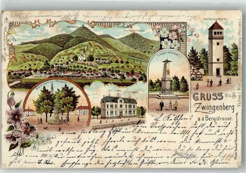 Zwingenberg 1900 Kriegerdenkmal Melibocusturm Marktplatz Rathaus