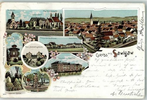 Saulgau 1900 Lithographie 3 Kaiser Steine Festplatz Brunnen Schullehrer-Seminar Post Bahnhof Stauchung