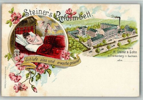 Frankenberg Lithographie Werbekarte für Steiner's Reformbetten Fabrik Steiner & Sohn