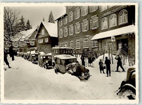 Ruhestein Winter Kurhaus Rotereuzstation Skifahrer Oldtimer Omnibus