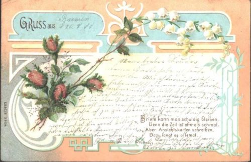Grußkarte von 1900 mit aufmontierten Perlen