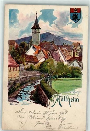 Müllheim 1899 Dorfbach Wappen sign. C. Biese Bahnpost -Müllheim Zug 466