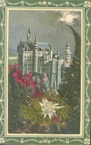 87645 W8959 Neuschwanstein AK mit gepresstem Edelweiß echte Blumen hinter Folie