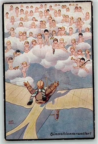 sign. Herm. Frenz - Engel und Flieger "Himmeldonnerwetter" Fliegerhumor 1918 Gebrauchsspuren