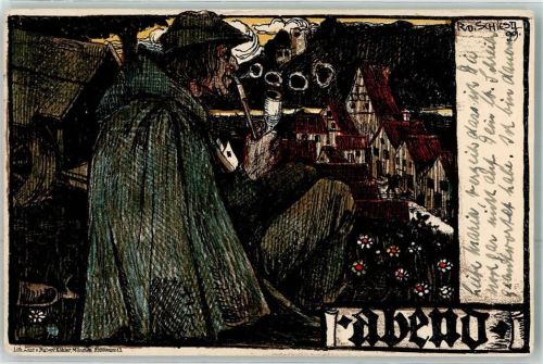 Abend Mann mit einer Pfeife AK Schiestl 1938 Lithographie / Künstlerkarte