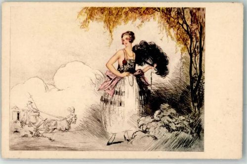 Frau mit Fächer Kutsche Paris Gravures 1055