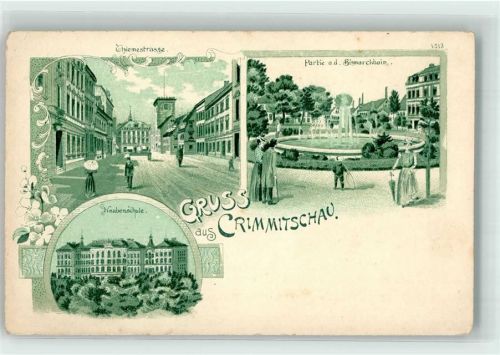 Crimmitschau Thiemestraße Knabenschule Bismarckhain Lithographie
