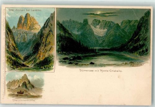 39034 Höhlenstein Landro Lithographie Dreizinnenhütte Dürrensee m. Monte Cristallo