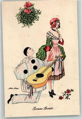 Pierrot Neujahr Gitarre Mistelzweig Tucks Serie 1059