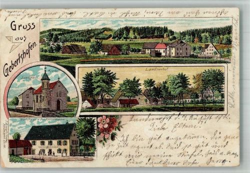 Gebertshofen 1912 Lithographie Schule Dorfkirche Gasthaus Kellermann Landnerhof